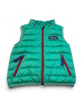 Unisex Patagonia Kids Down Sweater Vest in Teal and Red 6-12 Months